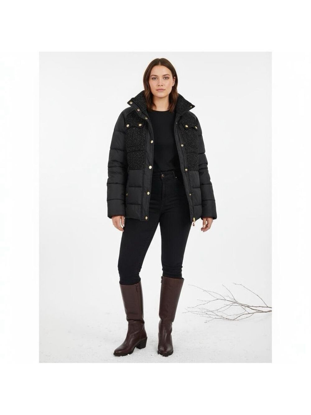 COOGI Women's Black Tweed Puffer Jacket Gold Buttons Large
